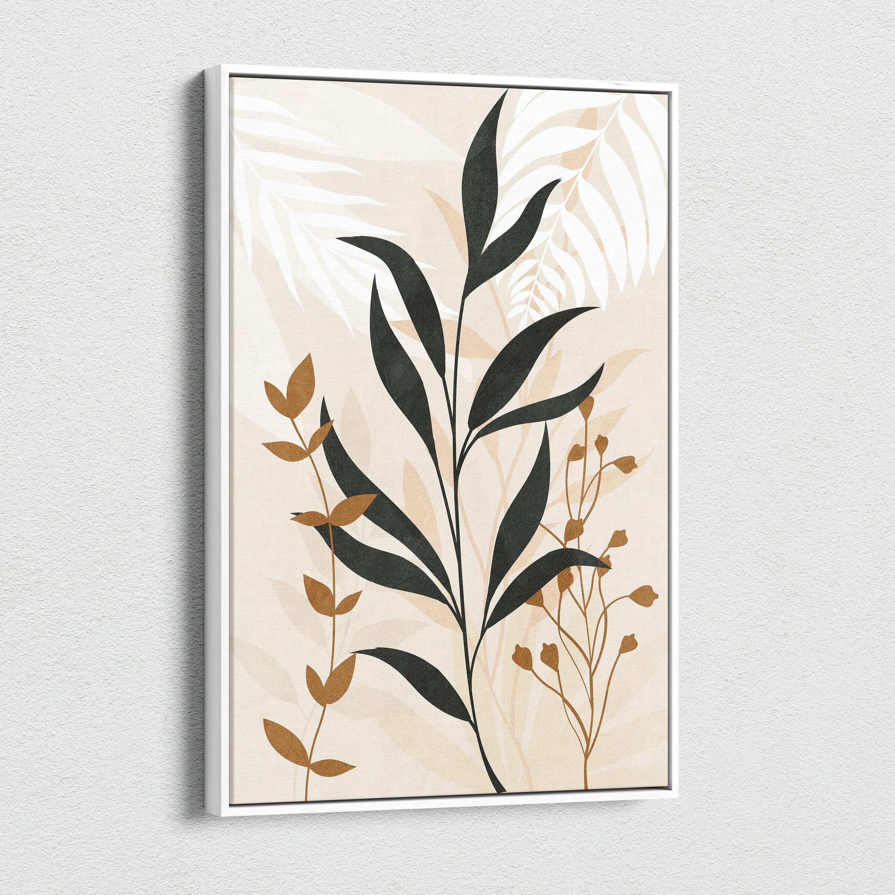 Elegant botanical canvas wall art with layered leaves in beige, cream, taupe, charcoal
