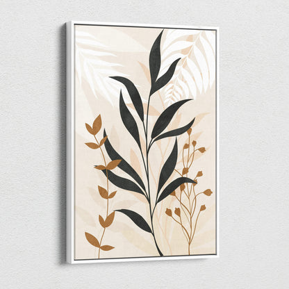 Elegant botanical canvas wall art with layered leaves in beige, cream, taupe, charcoal