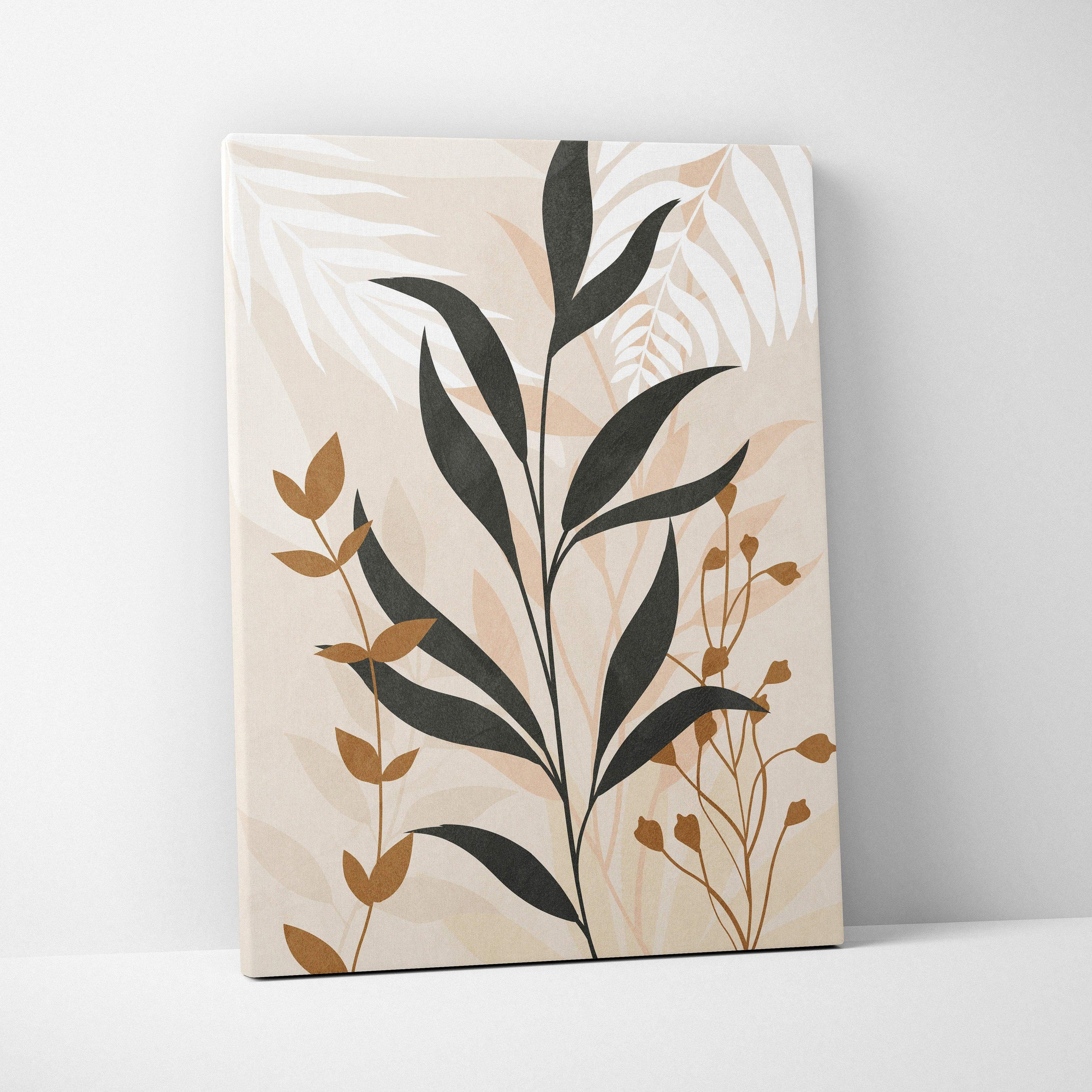 Elegant beige canvas wall art with black gold foliage on cream background