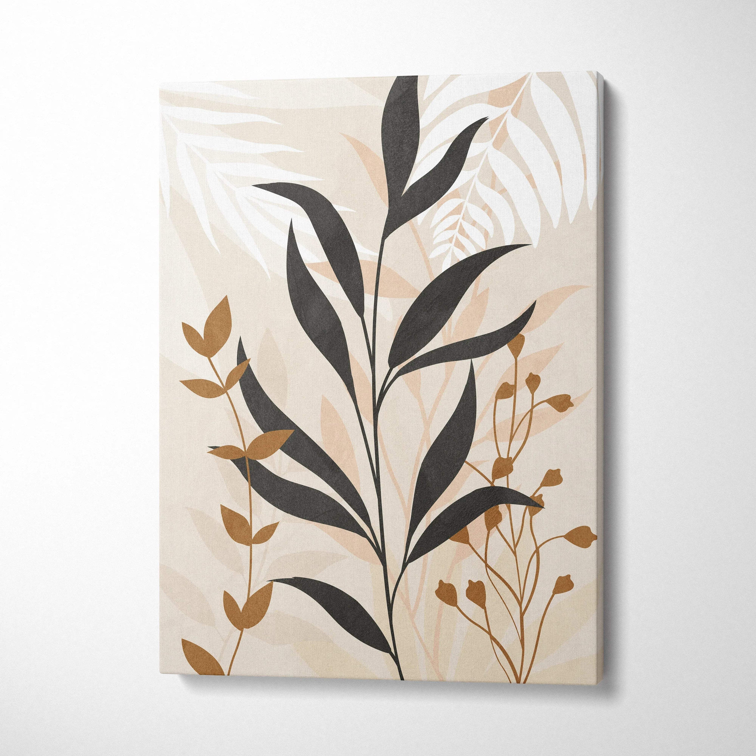 Elegant beige canvas wall art with black gold foliage on cream background