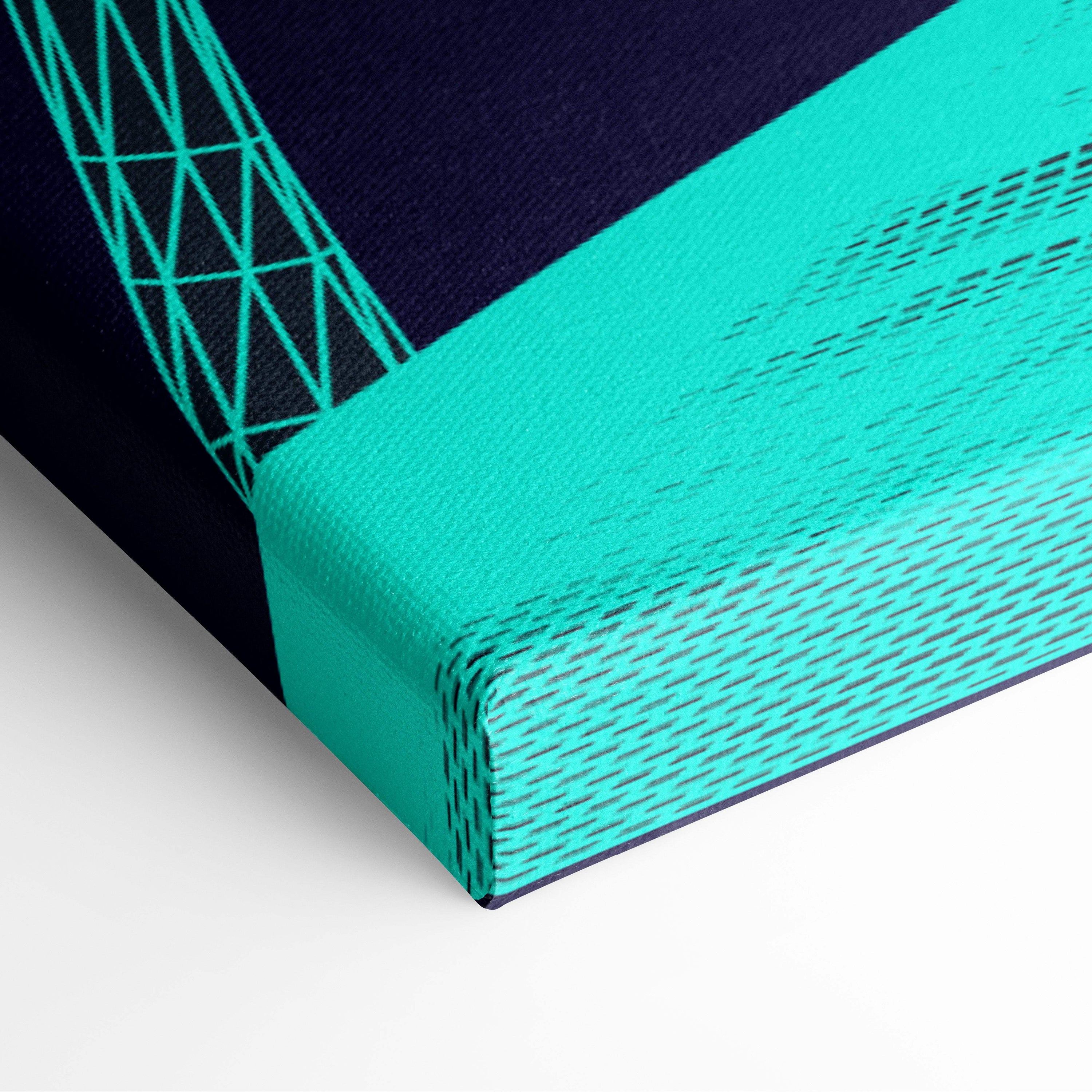 Teal and black geometric canvas print with textured woven border featuring vaporwave wireframe island and neon tropical glow