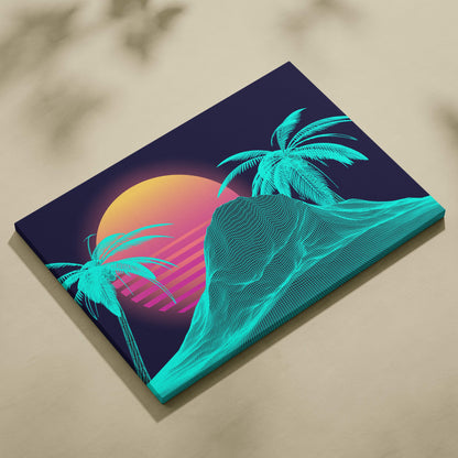 Vaporwave wireframe island canvas art print featuring vibrant teal palm trees and neon tropical sunset on navy background