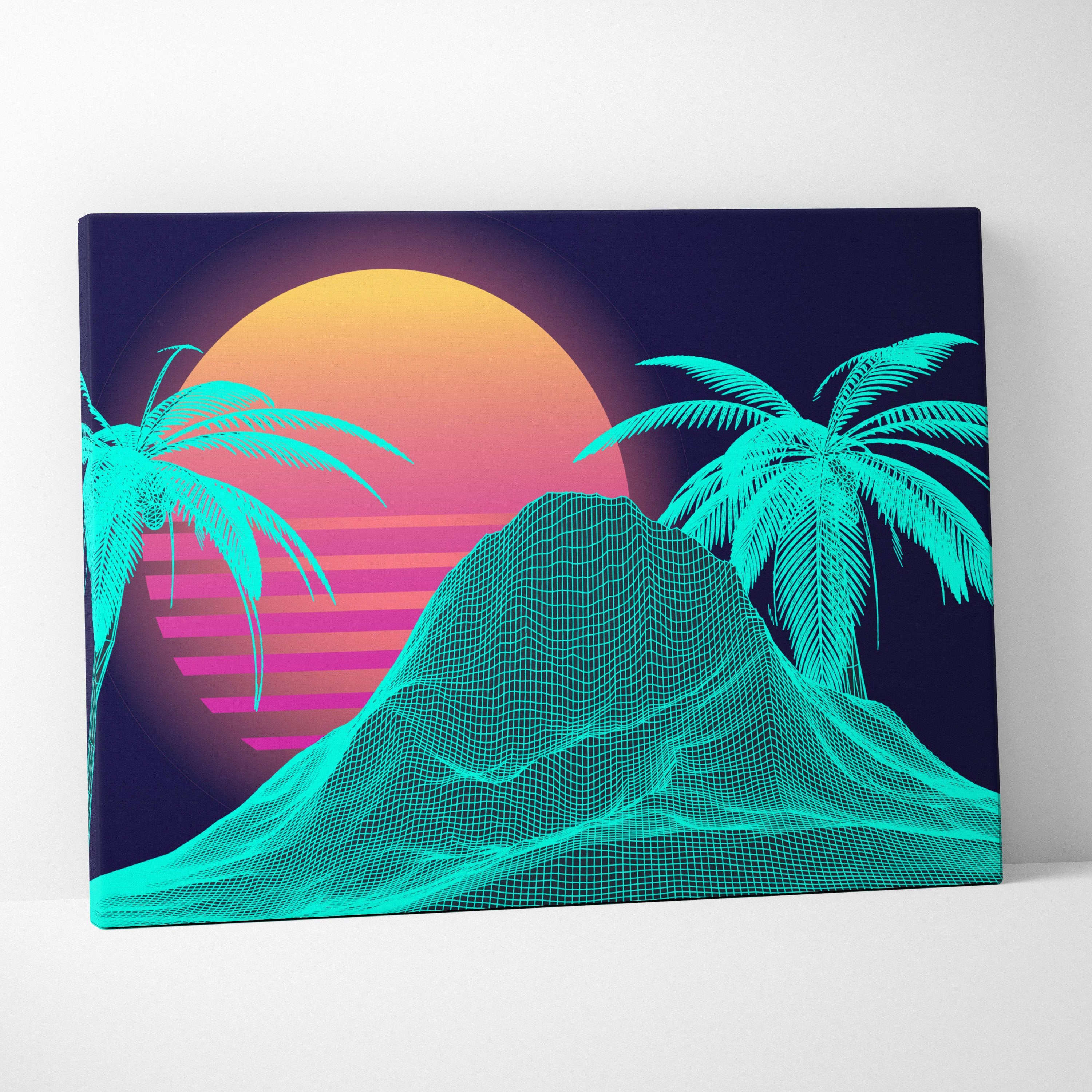 Vaporwave wireframe island canvas art print with glowing orange sun teal palm trees and cyan synthwave mountain landscape