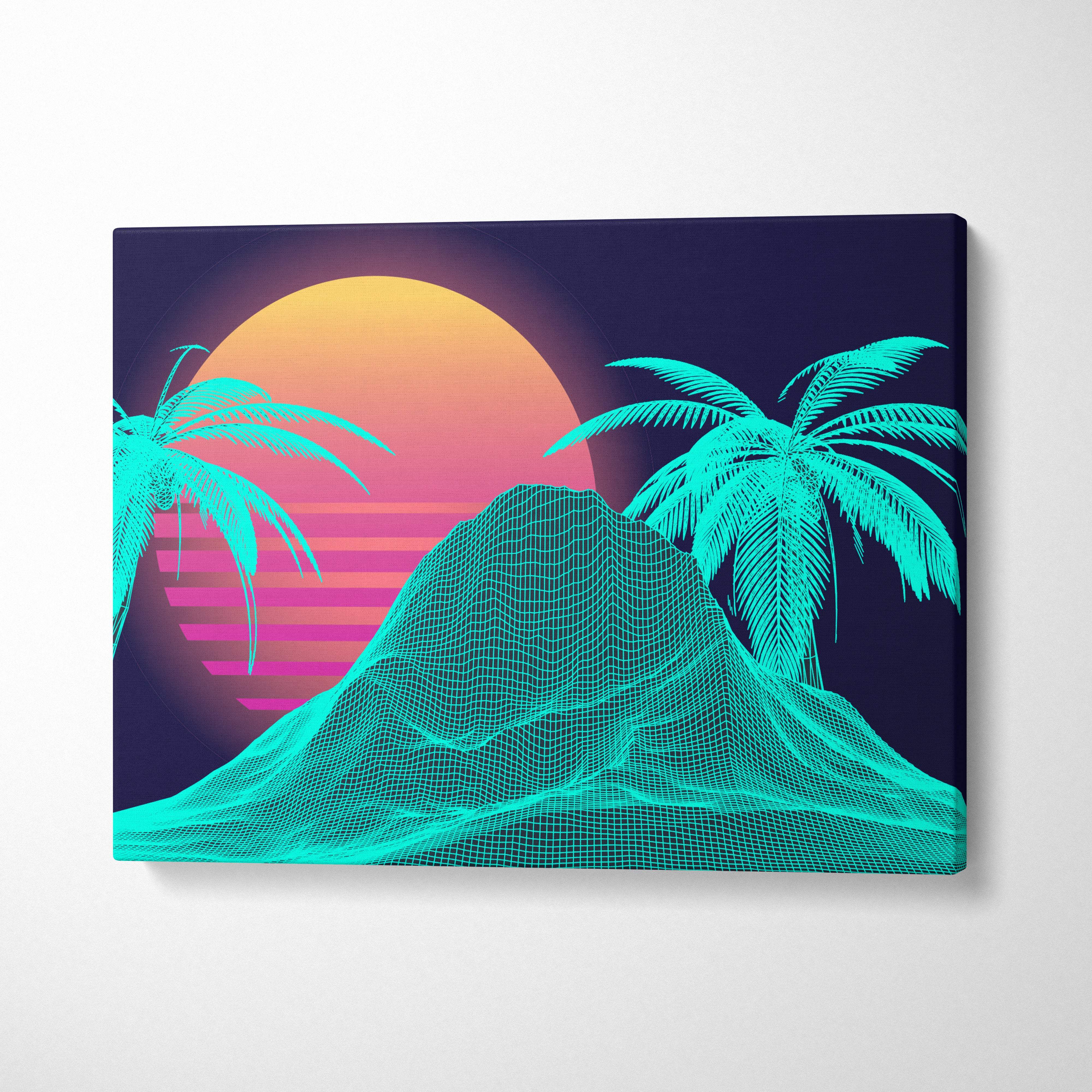 Vaporwave wireframe island canvas art print with glowing teal mountain and palm trees against a neon sunset gradient