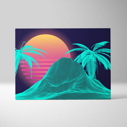Vaporwave wireframe island canvas art print with glowing turquoise mountain and palm trees on a vibrant sunset background