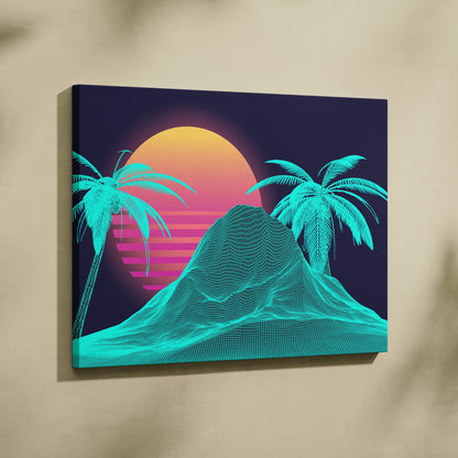 Vaporwave wireframe island canvas art print with glowing cyan palm trees and a neon synthwave mountain sunset background