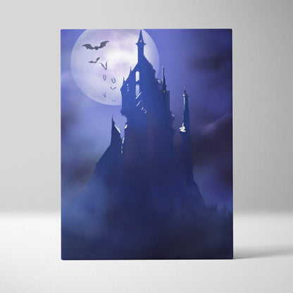 Haunted castle canvas print featuring a dark gothic silhouette and bats against a large purple moon night sky
