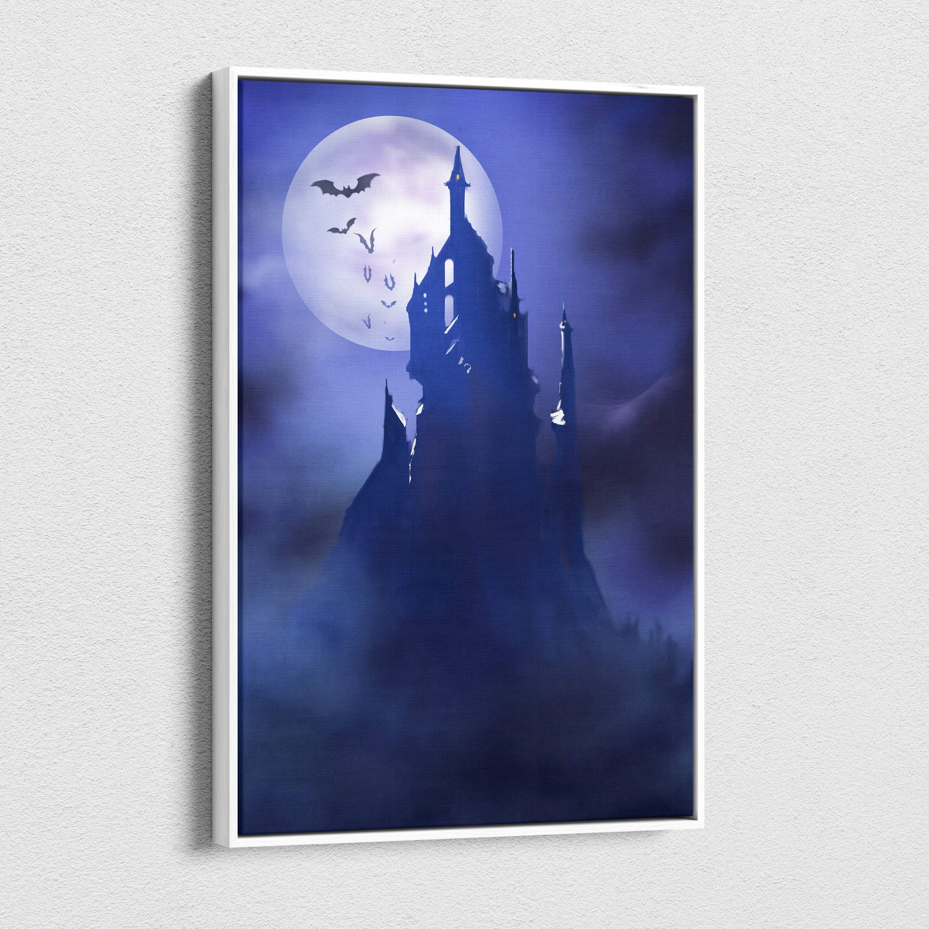 A framed canvas print of a dark gothic castle silhouette with bats and a blue full moon for halloween decor