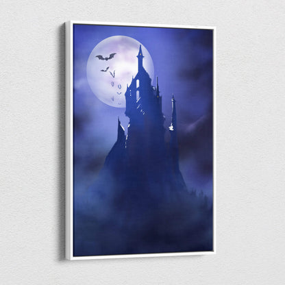 A framed canvas print of a dark gothic castle silhouette with bats and a blue full moon for halloween decor
