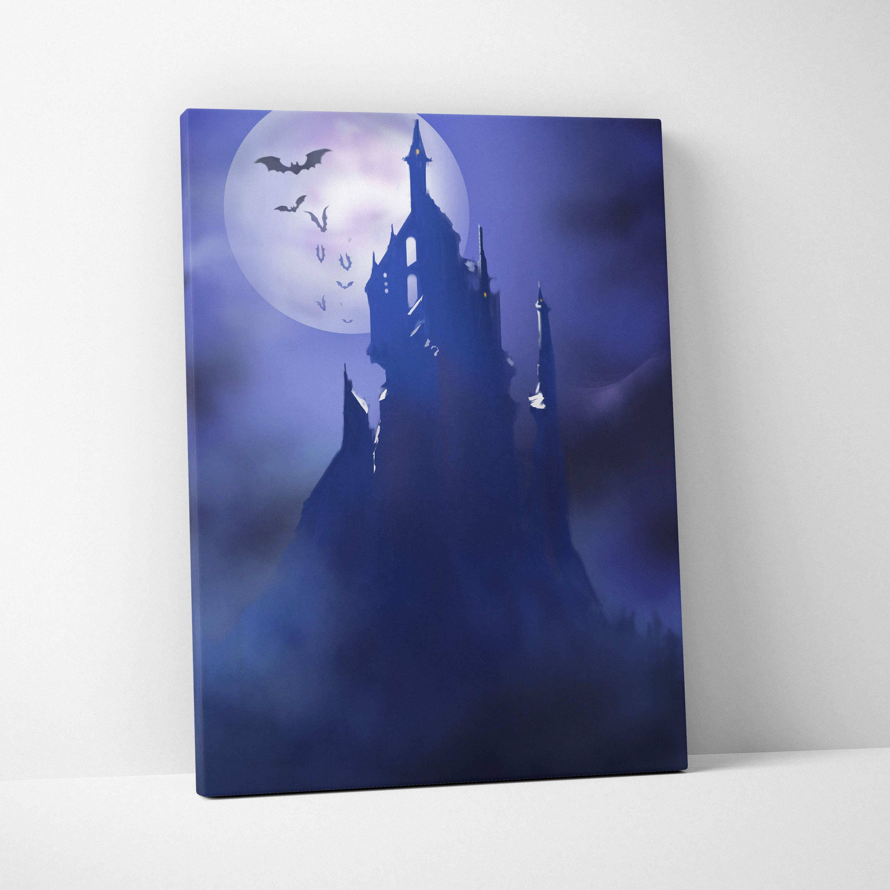 Haunted castle canvas print featuring a dark blue spooky castle silhouette with bats and a full moon in gothic style