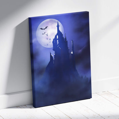 Haunted castle canvas print with dark blue spooky silhouette of a castle and bats against a full moon on white wall