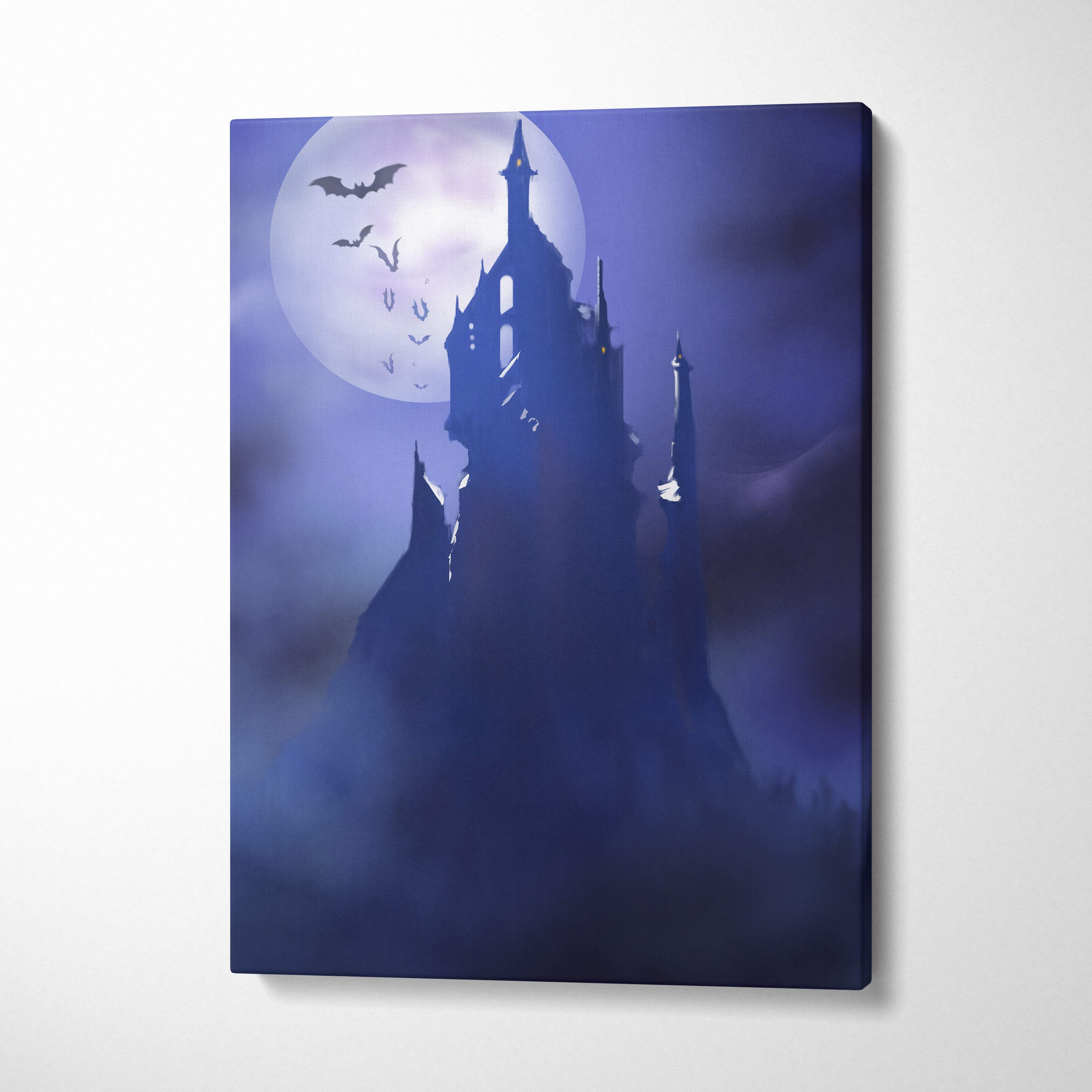 Haunted castle canvas print featuring a dark blue gothic castle silhouette with bats and a full moon for halloween decor