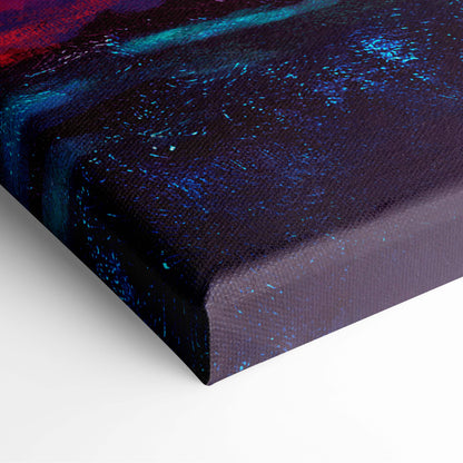 A vibrant sci-fi portal canvas wall art with swirling neon purple blue cosmic hues and star-like details