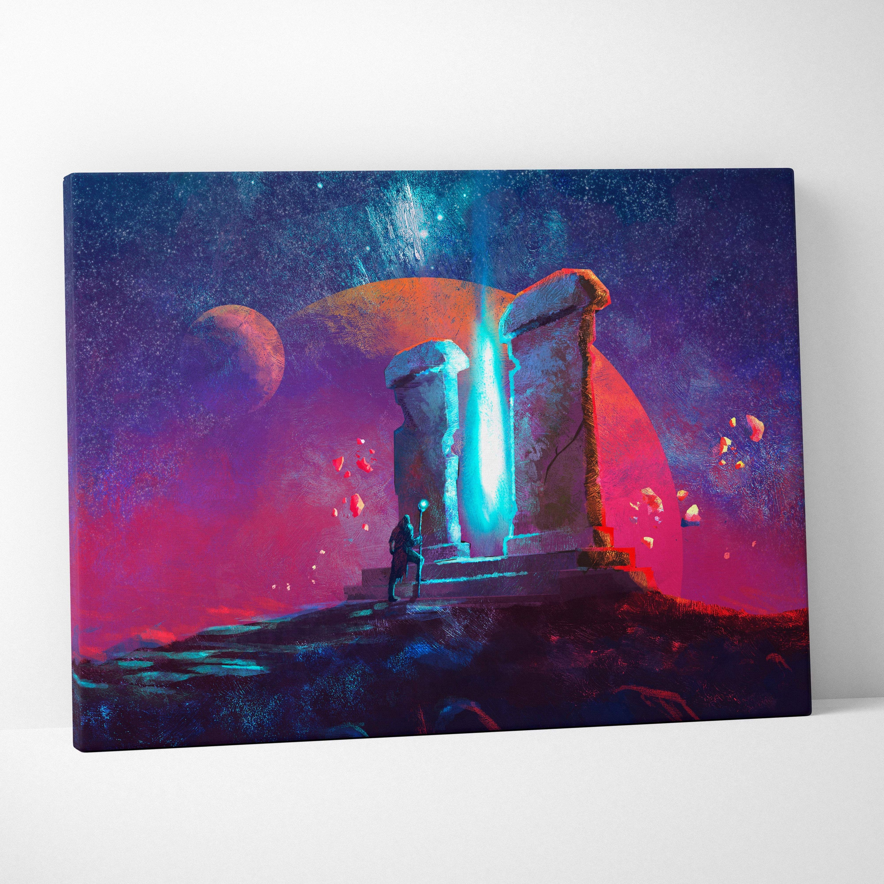 Vibrant sci-fi portal canvas wall art featuring glowing ancient stone pillars with neon purple and blue cosmic landscape