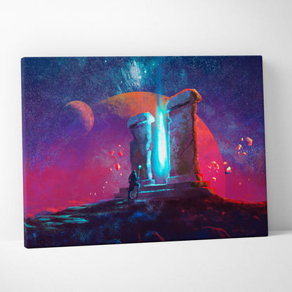 Vibrant sci-fi portal canvas wall art featuring glowing ancient stone pillars with neon purple and blue cosmic landscape