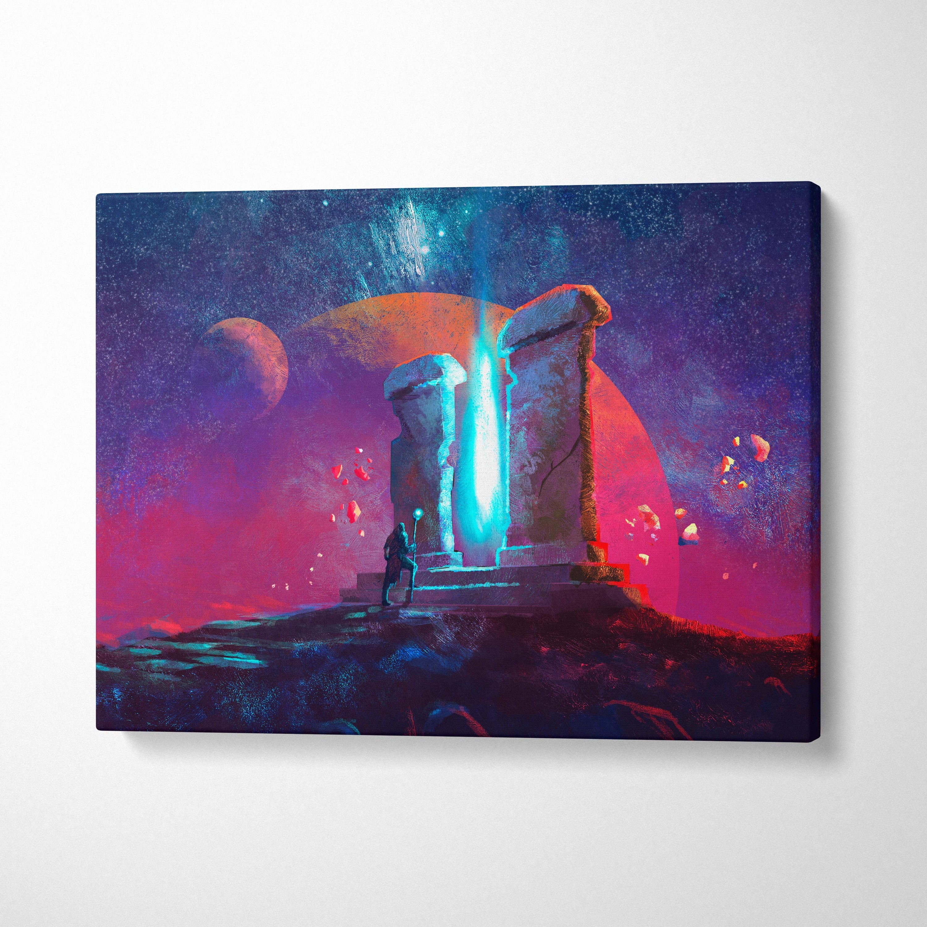 Vibrant sci-fi portal canvas wall art with neon purple and blue cosmic landscape featuring a lone figure and monolith gateway