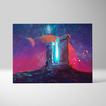 Vibrant sci-fi portal canvas wall art with glowing blue monoliths against a neon purple and pink cosmic sky