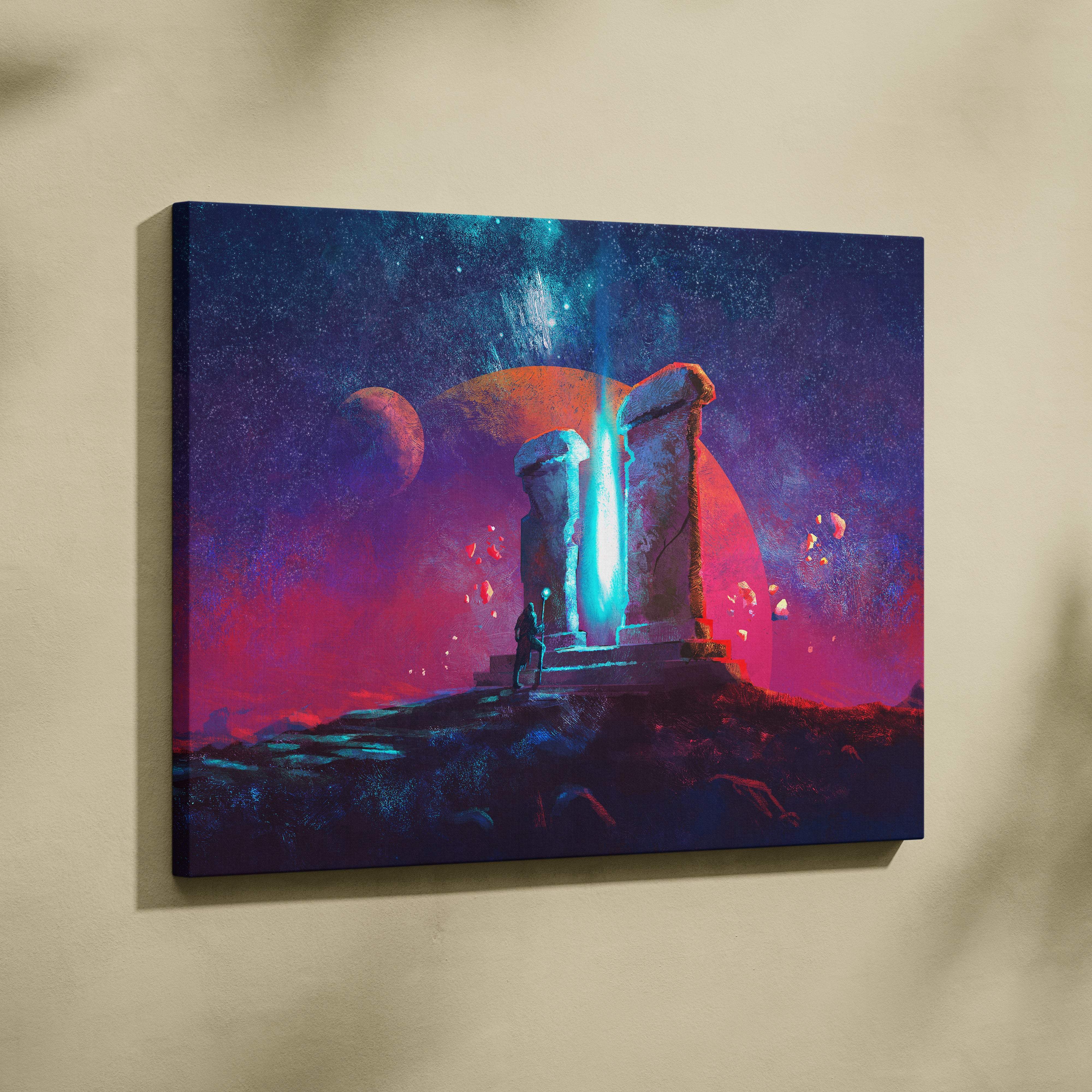 Sci-fi portal canvas wall art featuring glowing blue beam from ancient stone pillars on neon purple and orange cosmic background