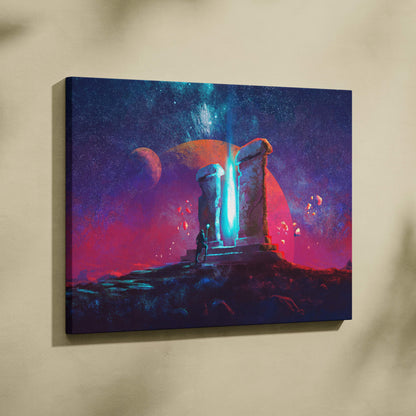 Sci-fi portal canvas wall art featuring glowing blue beam from ancient stone pillars on neon purple and orange cosmic background