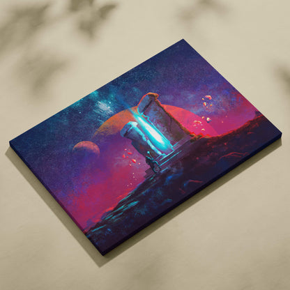 Sci-fi portal canvas wall art with glowing blue beam and neon purple cosmic landscape featuring futuristic monolith gateway