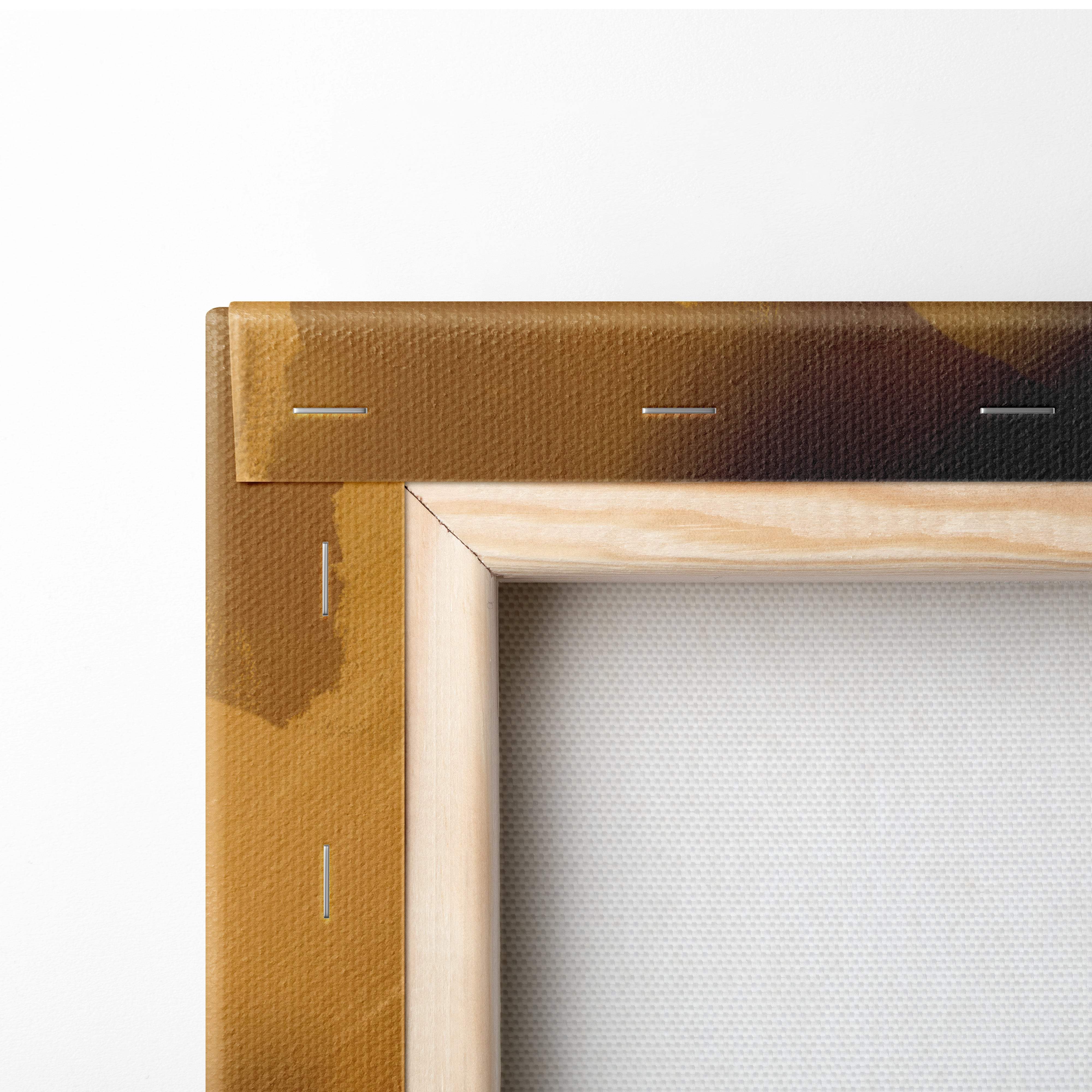 Light-colored wooden canvas frame back with visible stitching for epic anime warrior golden orange energy burst wall art