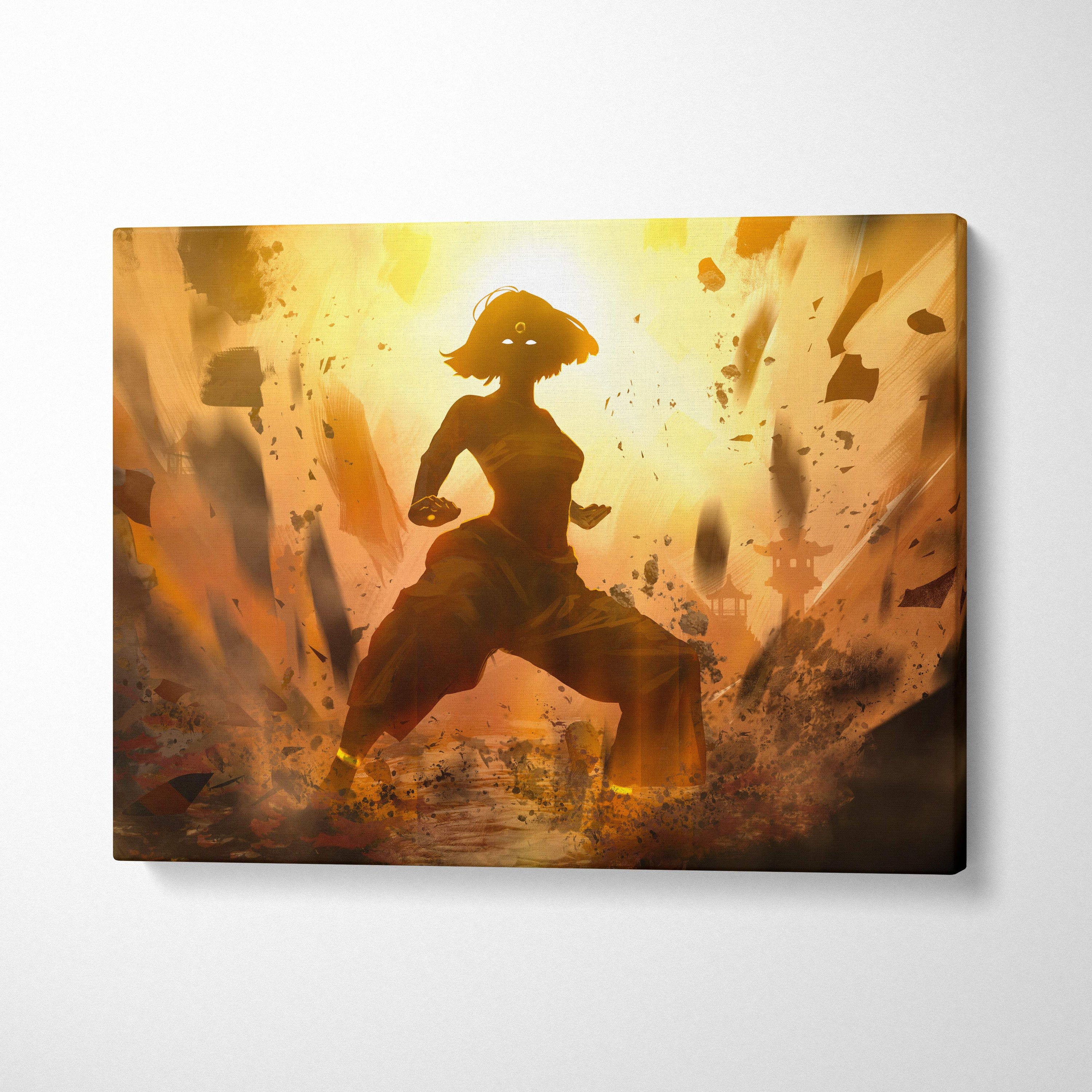A vibrant canvas print of an epic anime warrior in golden orange with dynamic pose and pagoda silhouettes background