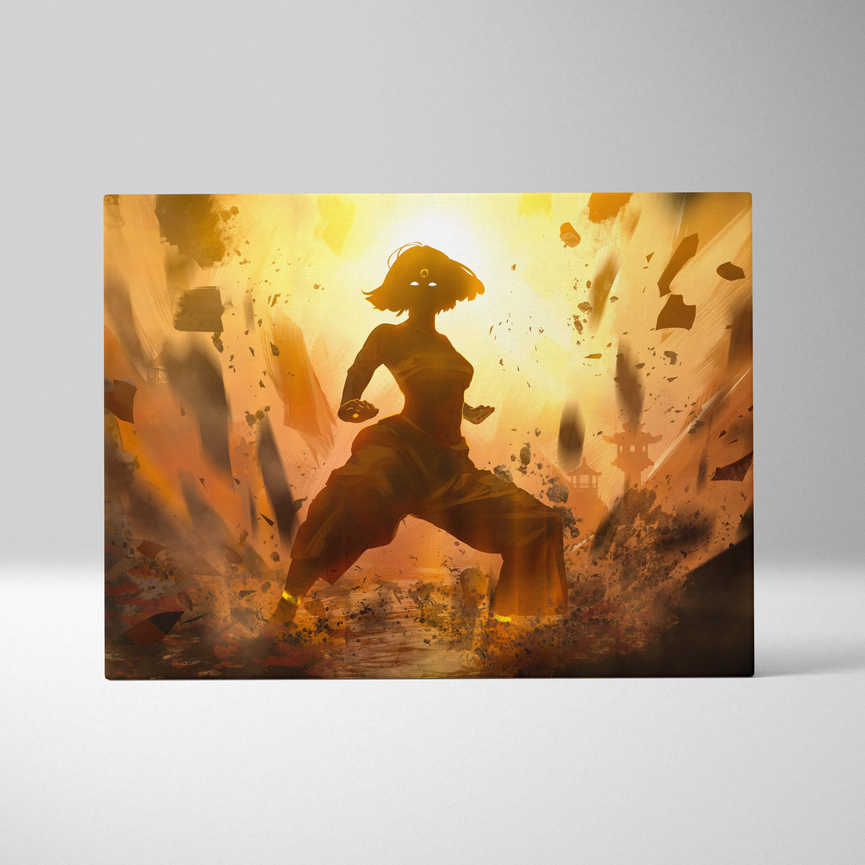 A vibrant orange and gold epic anime warrior canvas wall art featuring a dynamic martial artist silhouette