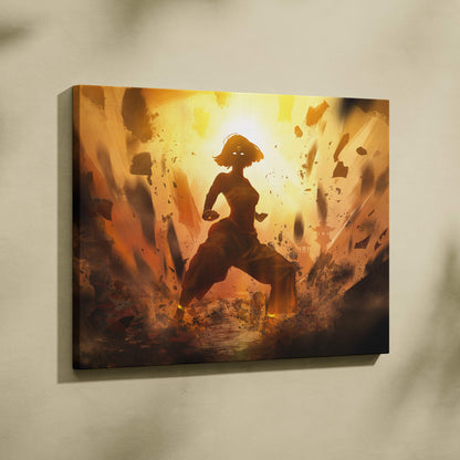 A vibrant canvas print of a stylized warrior in dynamic motion against a fiery golden orange energy burst background