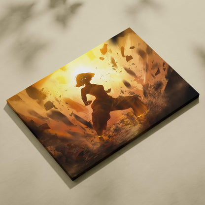 Epic anime warrior canvas wall art with a dynamic silhouette fighter against a golden orange energy burst background