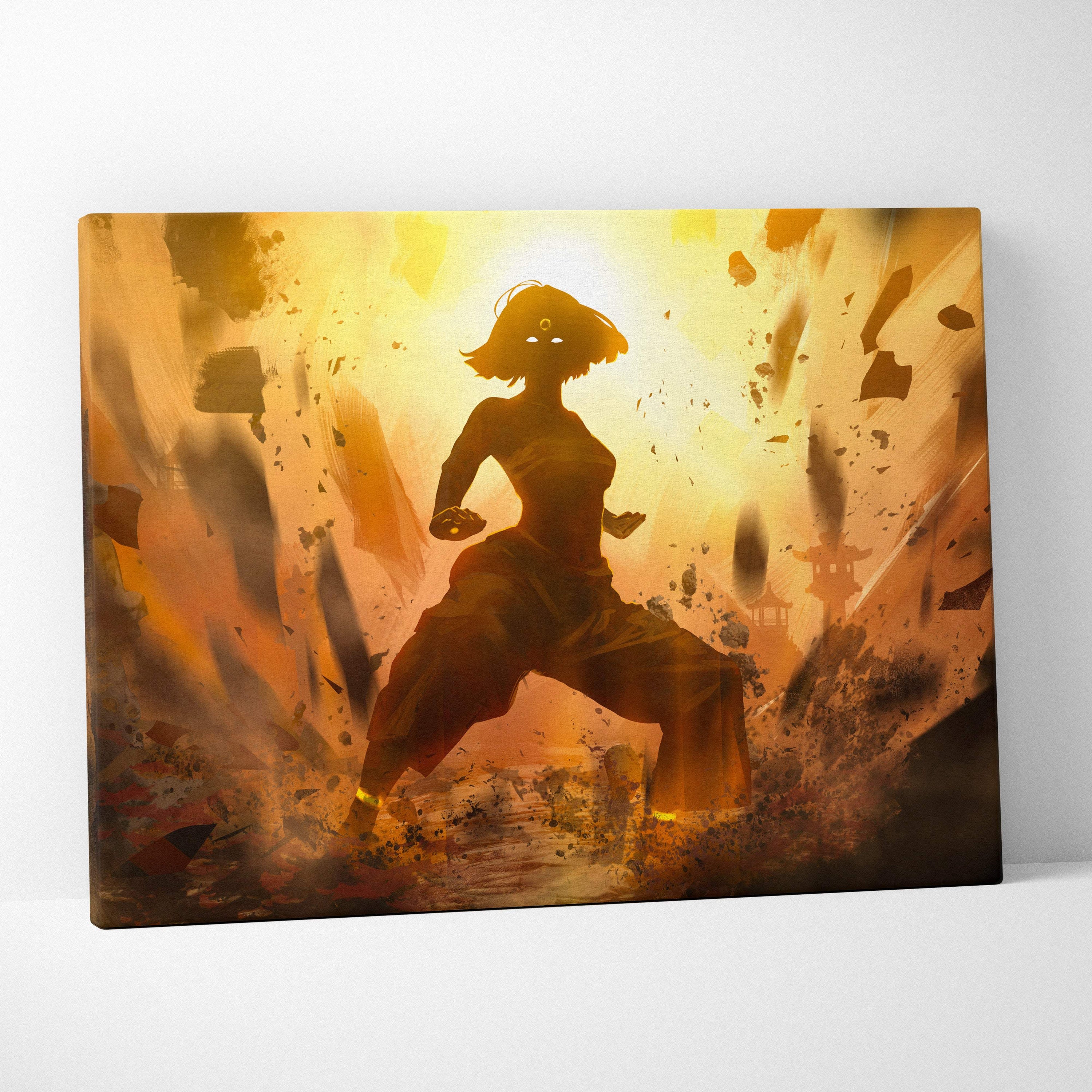Epic anime warrior canvas wall art with golden orange energy burst and silhouette martial artist in dynamic pose