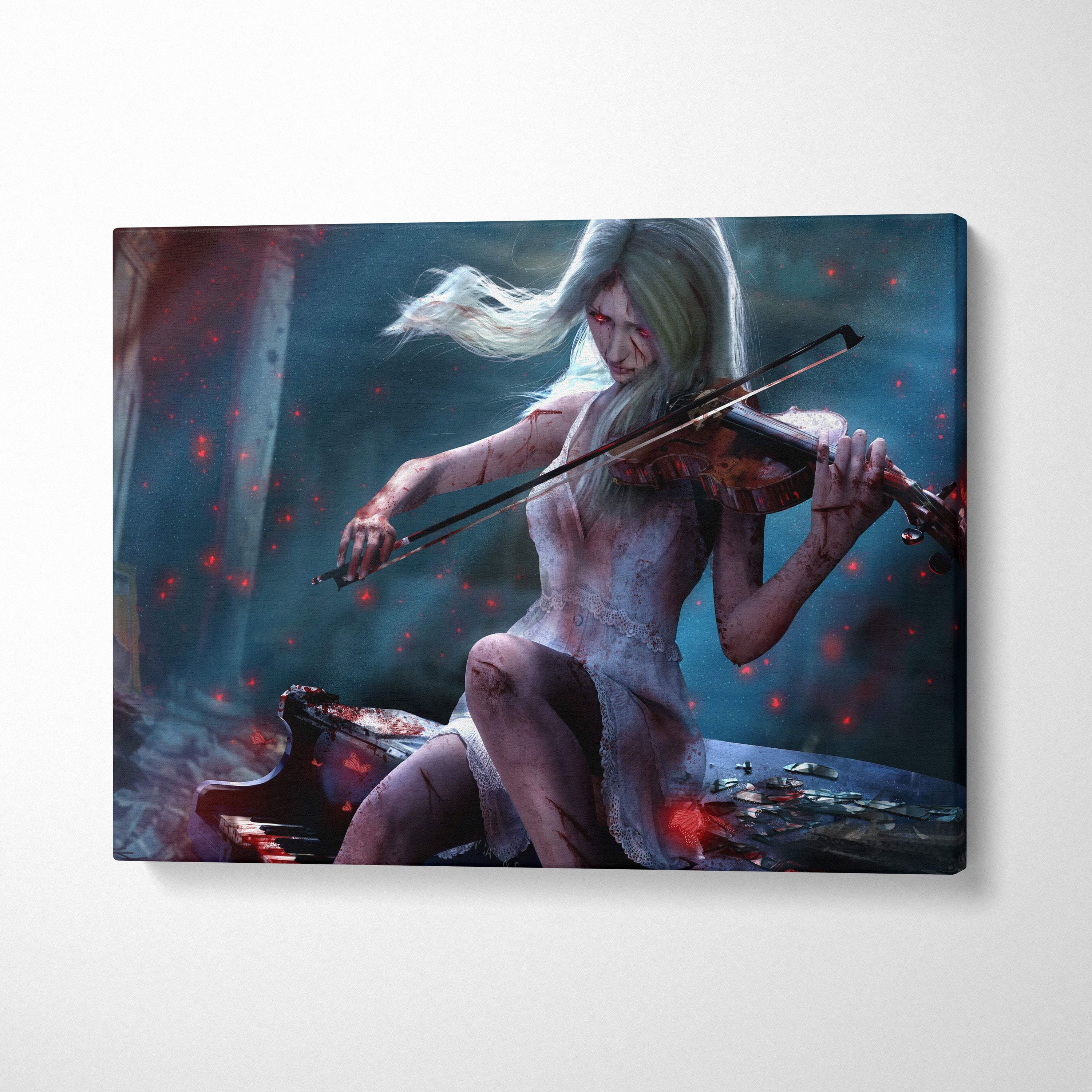Dark gothic violinist canvas art of a pale zombie-like woman with long white hair playing violin in moody dark setting