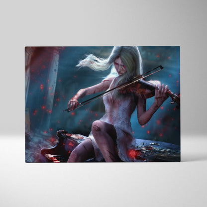 Dark gothic violinist canvas art featuring a pale woman in tattered white lace dress playing violin with red and blue lighting