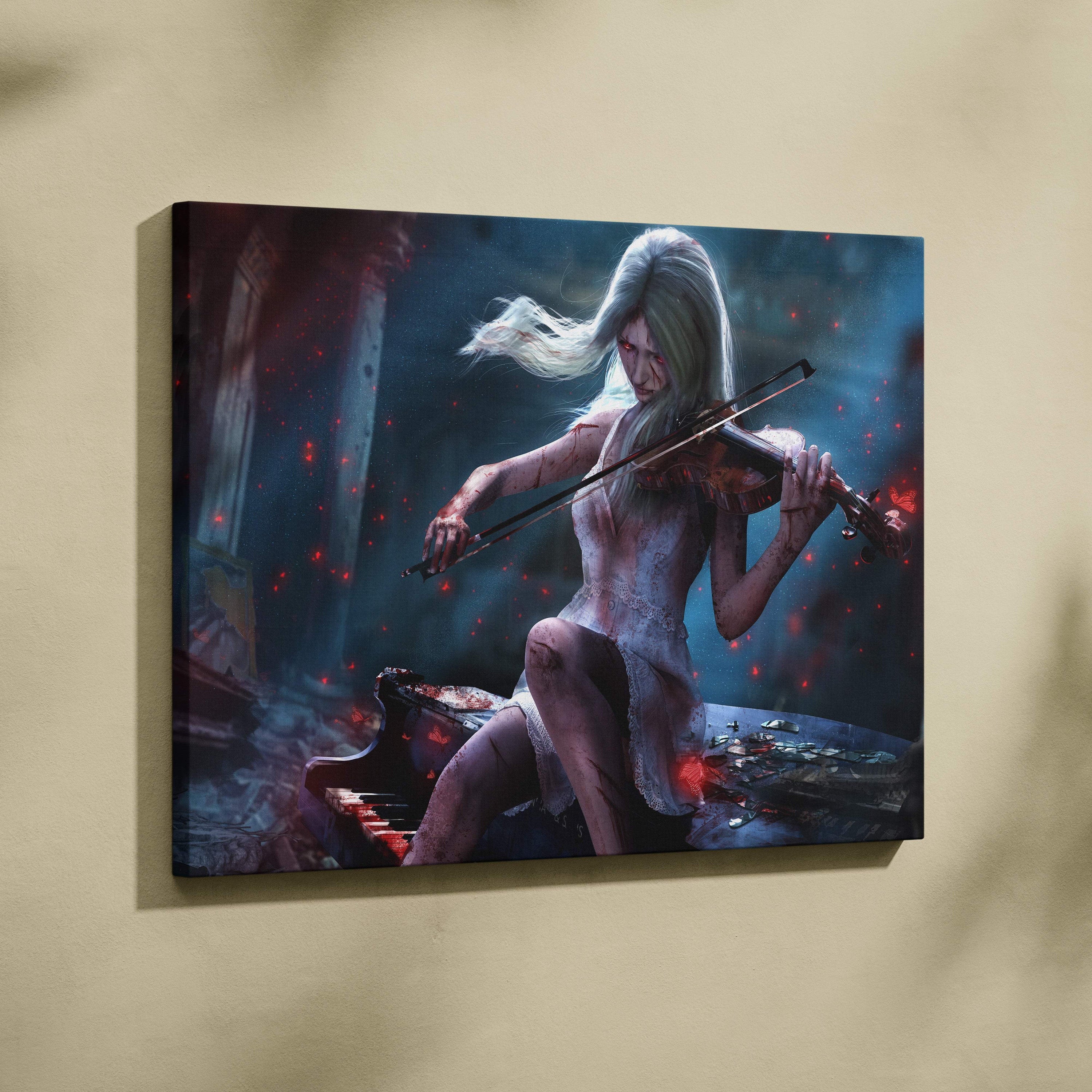 Dark gothic violinist canvas art featuring a pale woman in white dress playing violin with blood red accents and ruins