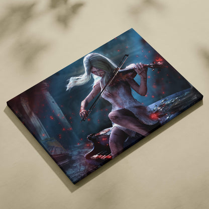 Dark gothic violinist canvas print featuring a pale woman in a distressed white dress with blood red accents