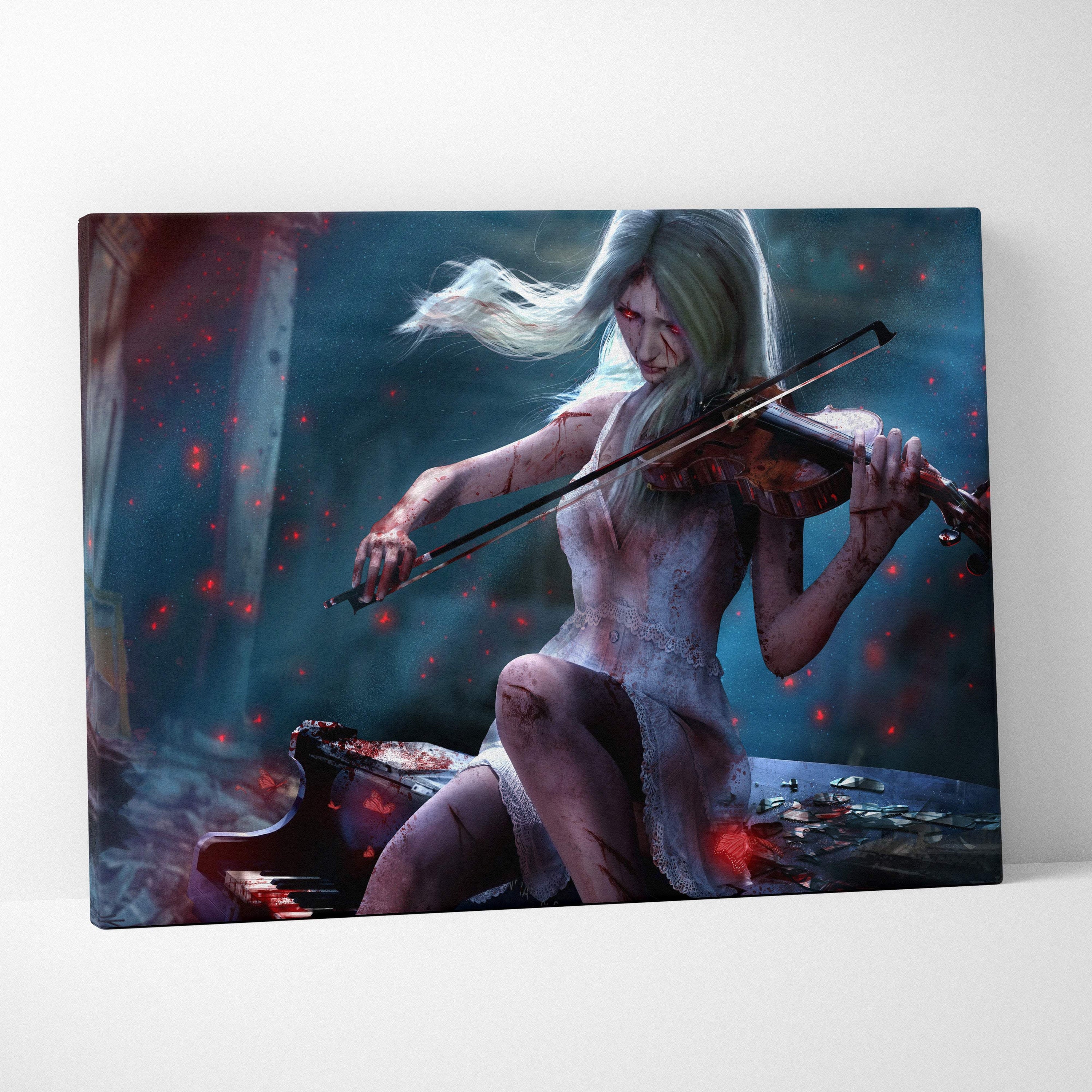 Dark gothic violinist canvas art of pale woman in torn white dress playing violin with red glowing particles