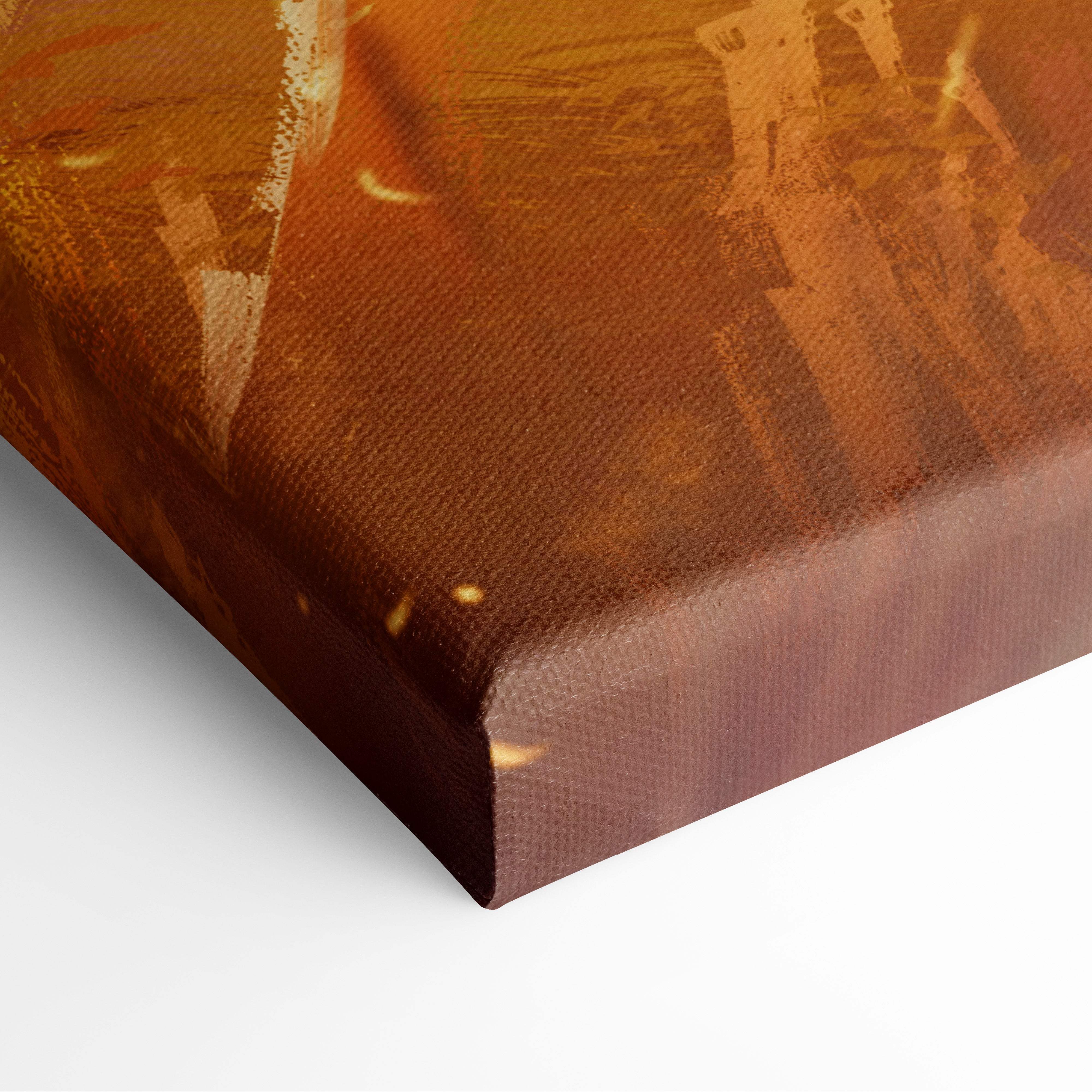 A textured canvas print of a warm amber and brown abstract design titled golden sunset freedom girl art