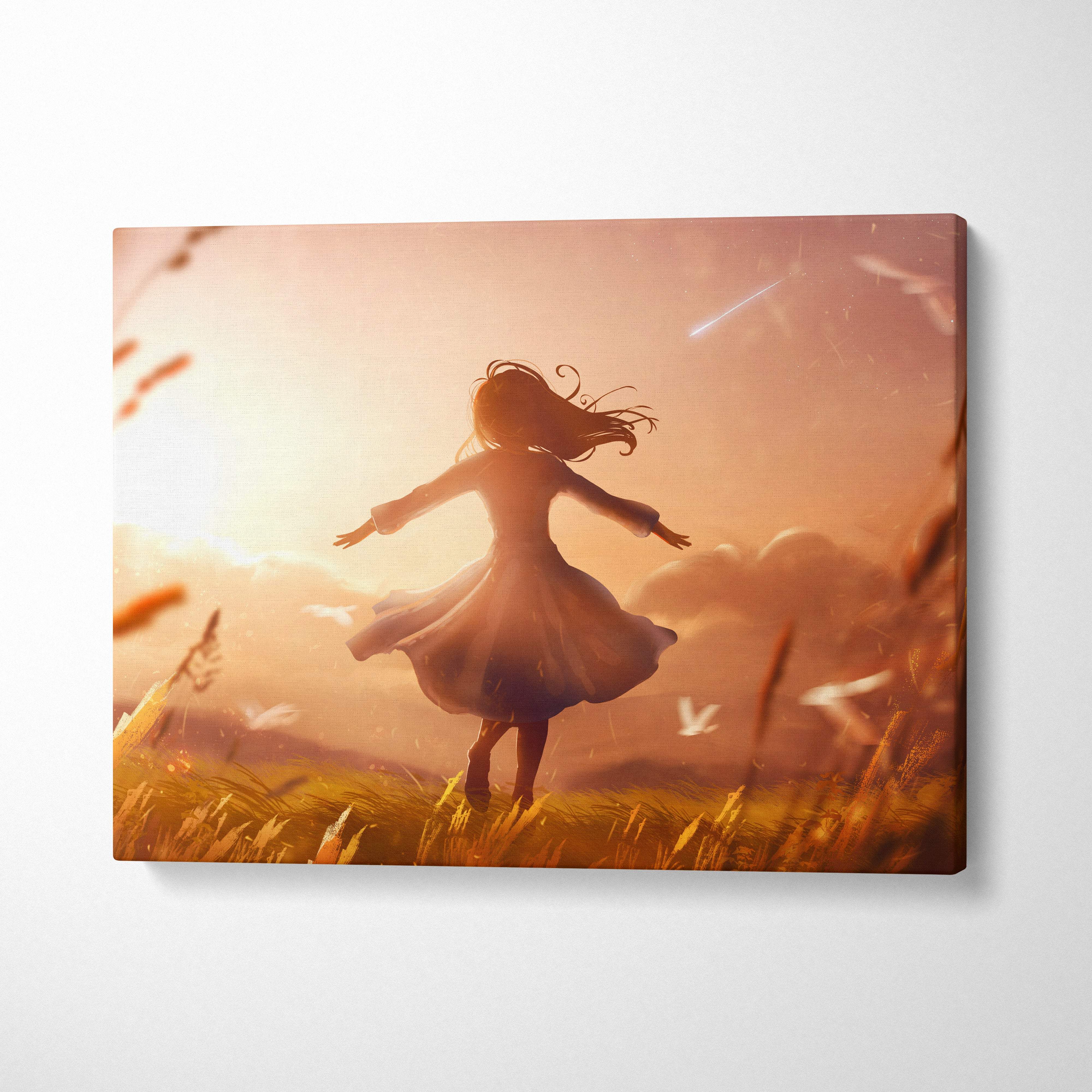 Rectangular canvas print of a silhouette girl dancing in a flowing dress against a warm golden sunset sky with birds