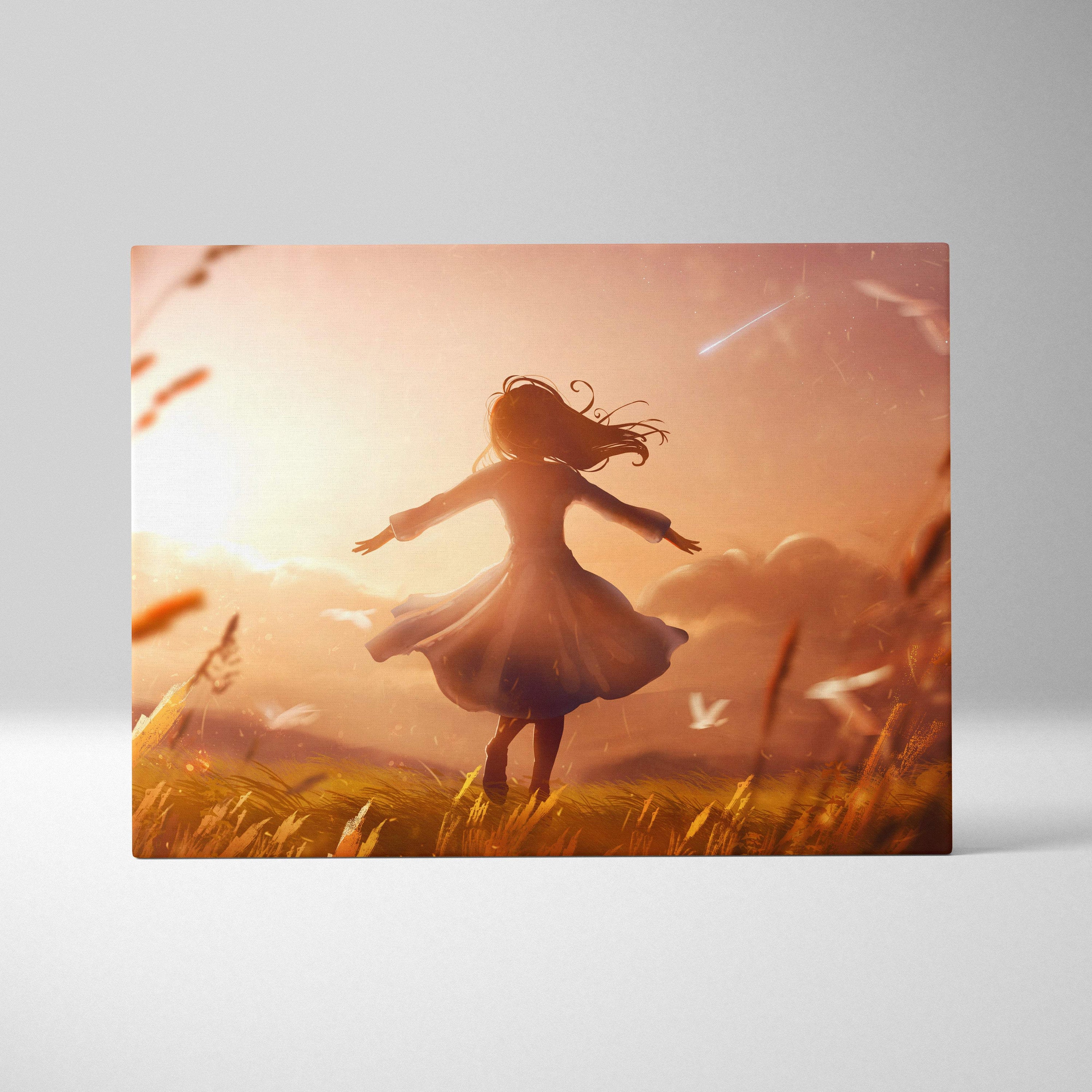 Golden sunset freedom girl canvas art of a silhouette woman in a flowing dress dancing in a warm dreamy field