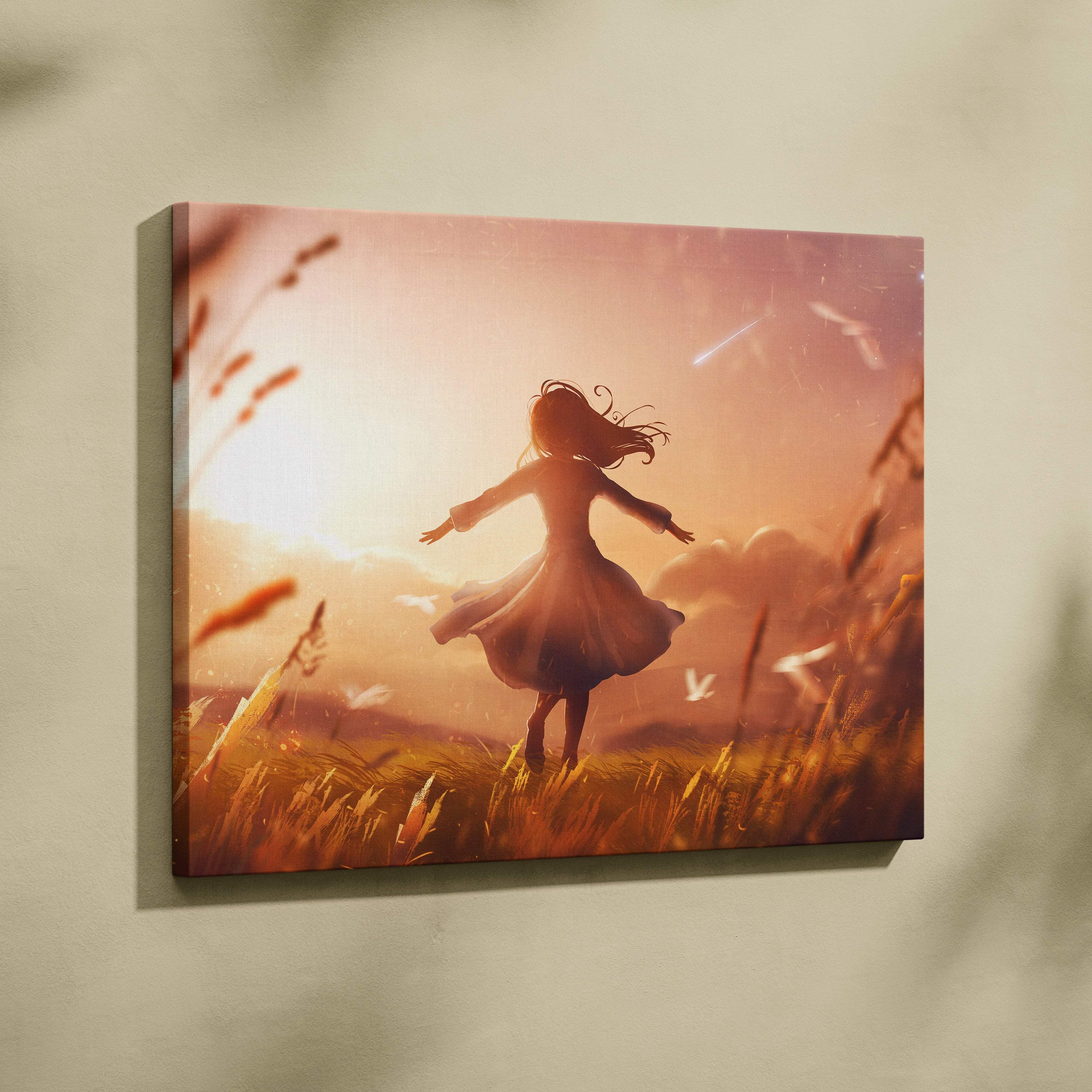 Golden sunset freedom girl canvas art featuring a warm-toned silhouette of a woman in motion against a field