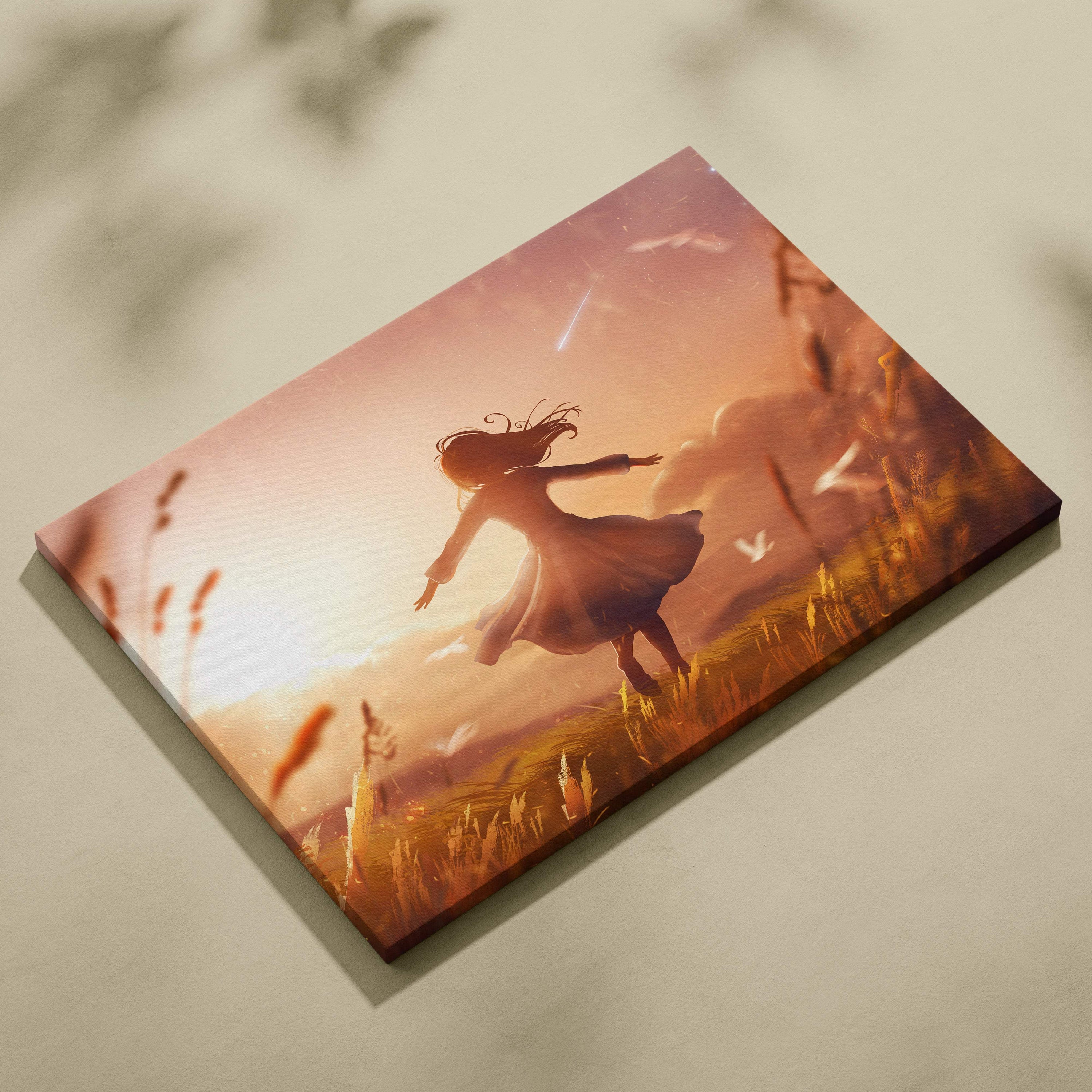 Rectangular canvas print of a girl silhouette in motion against a warm golden sunset with tall grass and birds