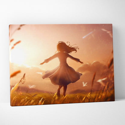 Golden sunset freedom girl canvas art with warm orange tones and silhouette of a girl in motion against sunset sky