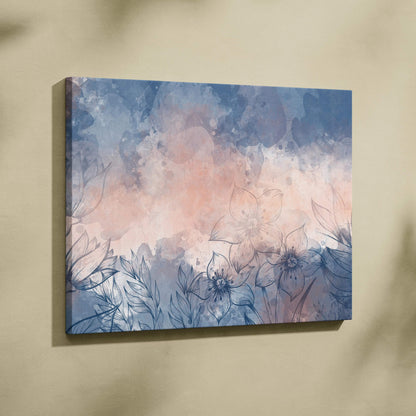 Dreamy blue blush floral watercolor canvas wall art with delicate line flowers