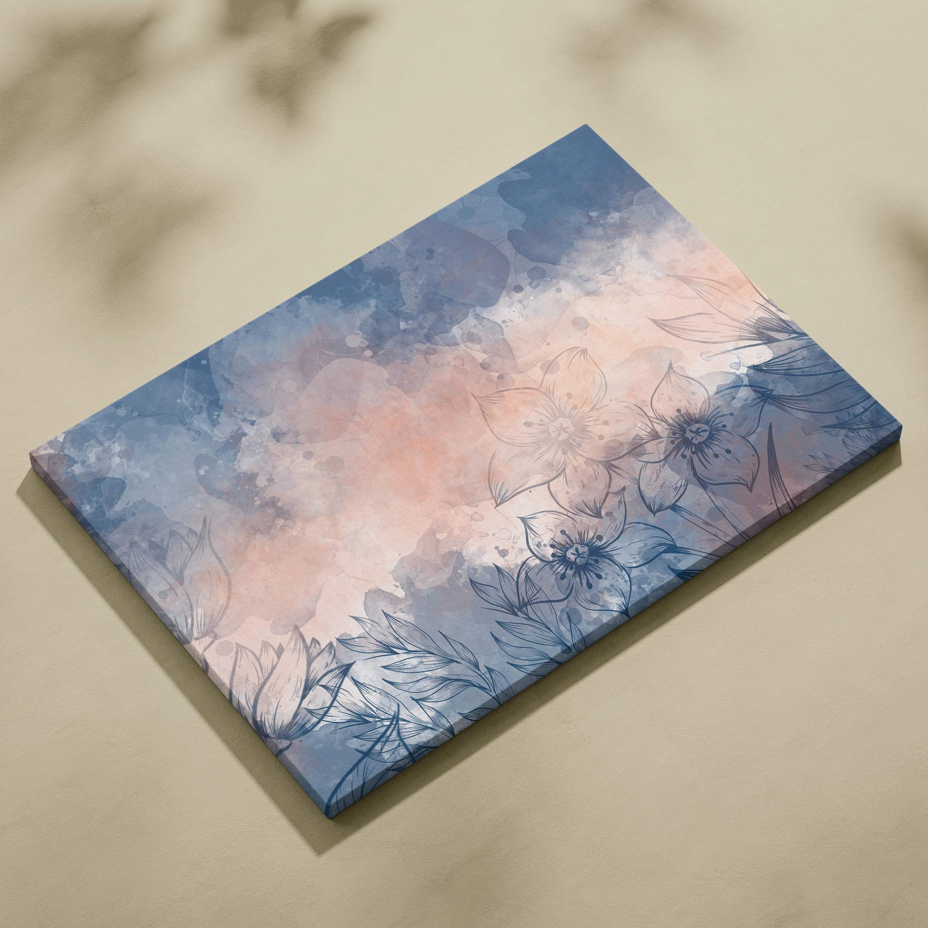 Dreamy blue blush floral watercolor canvas with line art flowers
