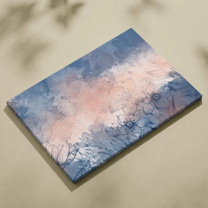 Dreamy blue blush floral watercolor canvas with line art flowers