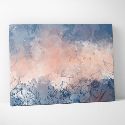 Dreamy blue blush floral watercolor canvas wall art with line art flowers