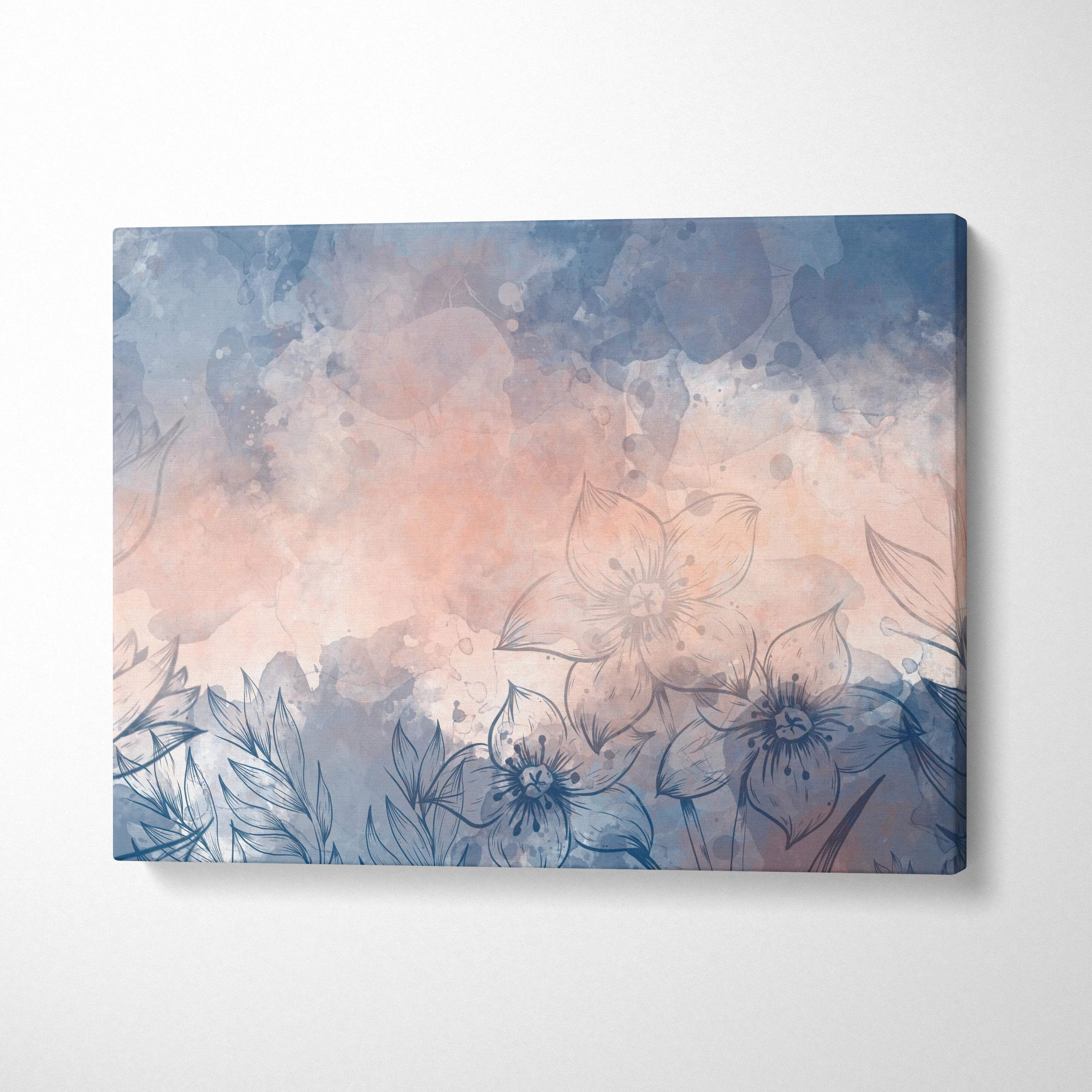 Dreamy blue blush floral watercolor canvas with delicate line art flowers