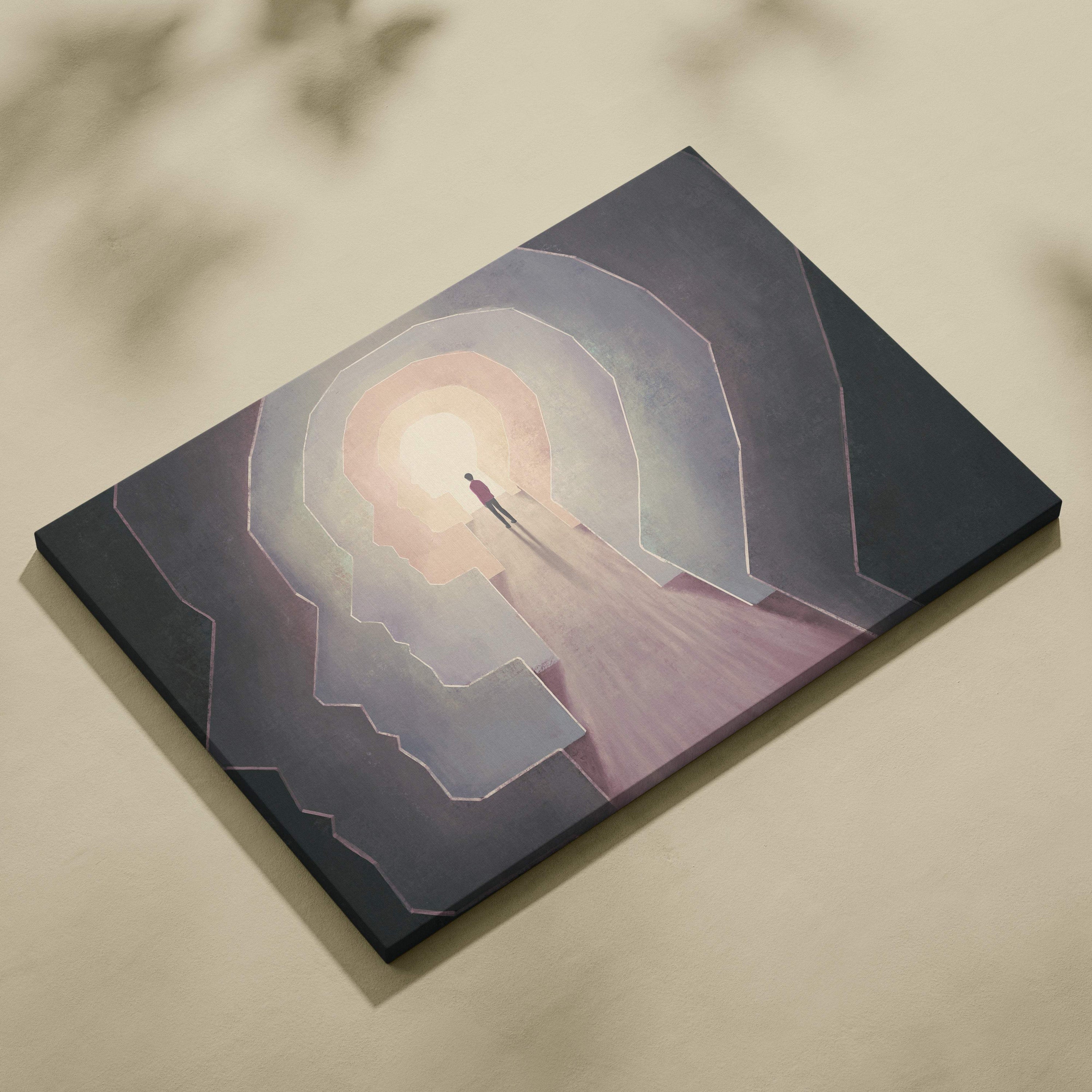 Rectangular canvas wall art featuring a solitary figure walking toward light in a dark surreal brain-like tunnel