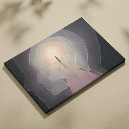 Rectangular canvas wall art featuring a solitary figure walking toward light in a dark surreal brain-like tunnel