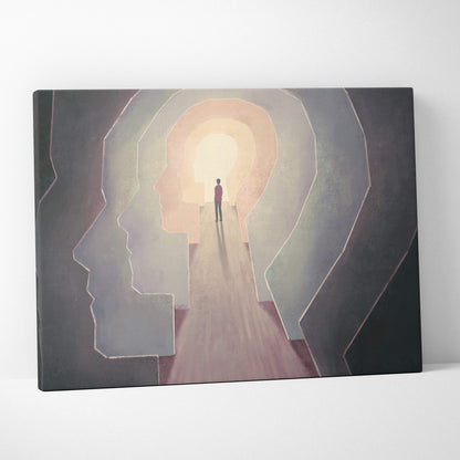 Contemporary mind door canvas wall art featuring a surreal pastel figure in a glowing head tunnel print for office decor