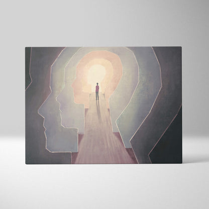 A rectangular canvas print featuring a dark surreal illustration of a lone figure in a glowing head tunnel for office decor